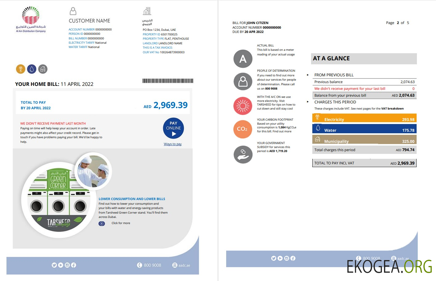 UAE Dubai Al Ain Distribution Co. Word and PDF utility bill template (5 pages) 1 2